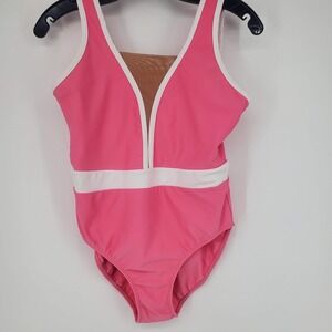 Tiger Friday Adult Large Pink One Piece Swimsuit White Trim Mesh Inset